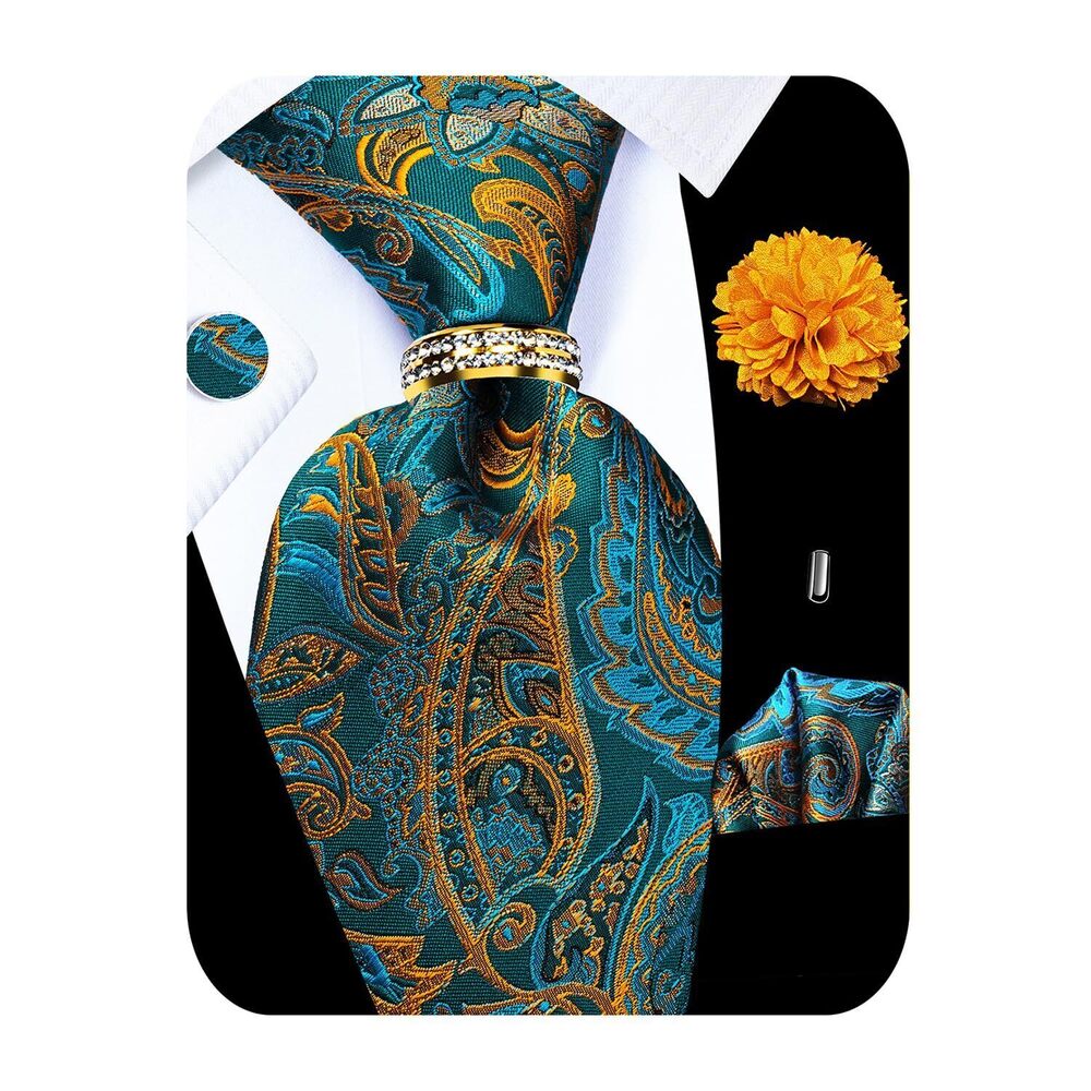 1719 5PCS Gold Blue Paisley Tie Pocket Square , Silk Necktie